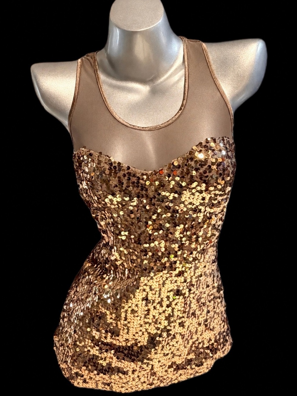 VINTAGE Y2K gold metallic sequin tank top party sparkle bronze glam cocktail